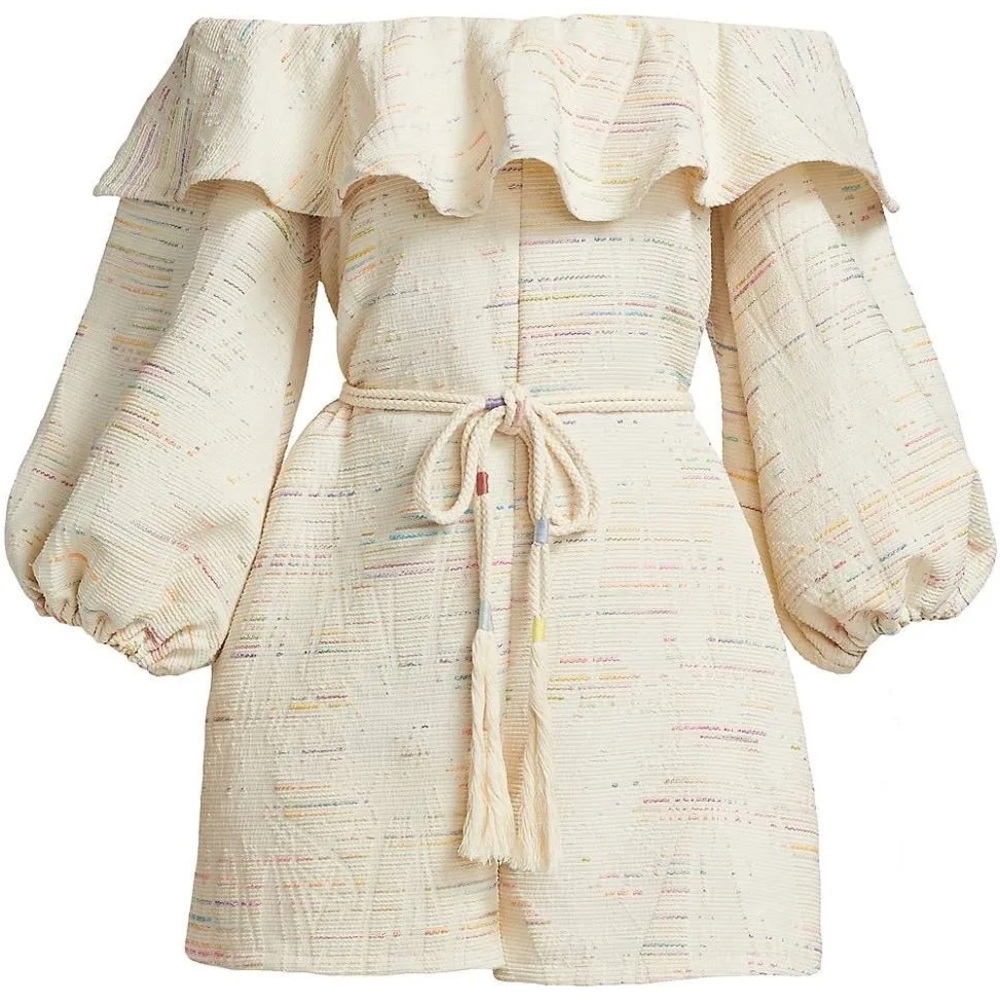 Something Navy Rainbow off shoulder romper